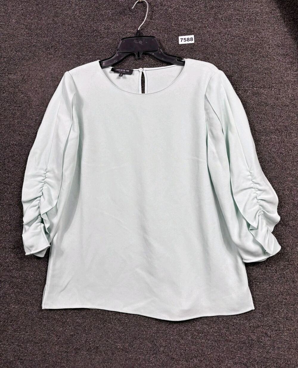 Lafayette 148 New York Blouse Womens Medium Green Ruched Balloon Sleeve Top